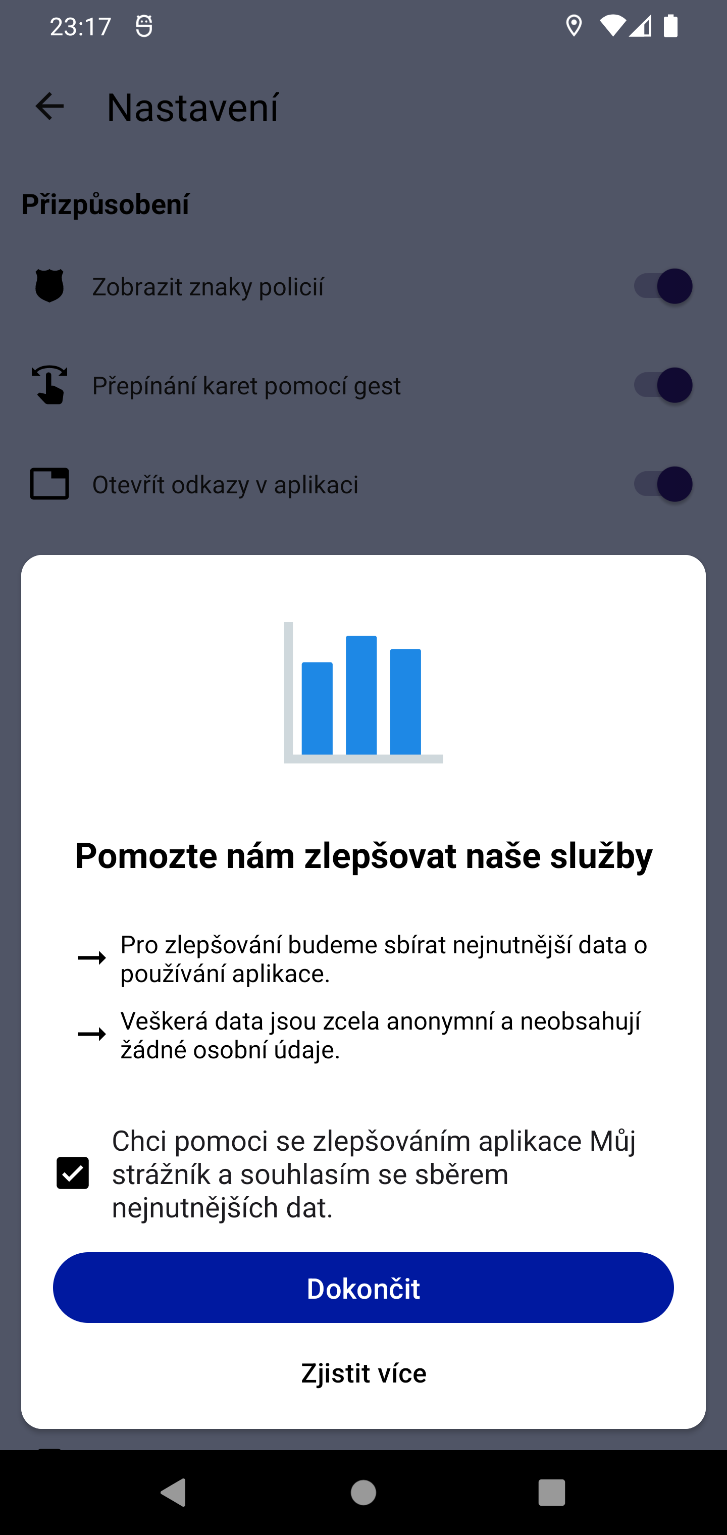 Dialog po zapnutí aplikace